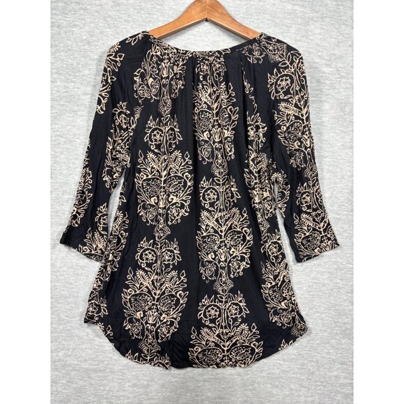 Lucky Brand Womens Blouse 1X Floral Black Beige Viscose 3/4 Sleeve Boho Chic Tun - Picture 6 of 6